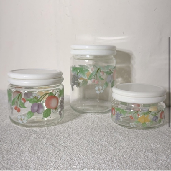 Vintage 80s KIG Indonesia Glass Fruit Flower Canister Set (3) - Picture 3 of 12